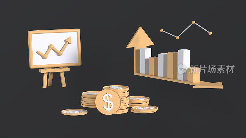 Yellow and white chart columns, coins with a dollar symbol and a board with a graph on a dark background. 3D rendering. Business and finance concept. Currency market